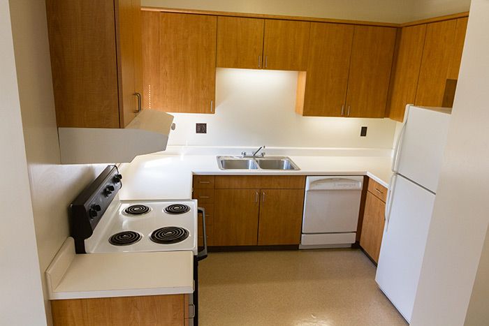 Interior of a kitchen in the Mae Harrison Karro Student Residential Village